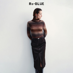 打底衫 上衣气质修身 复古高领渐变羊毛针织衫 BLUE轻奢优雅女装