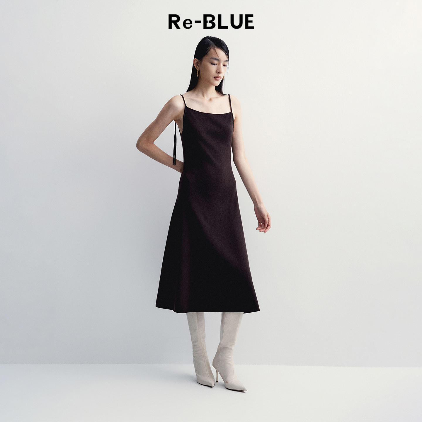 Re-BLUE复古小A摆针织吊带连衣裙