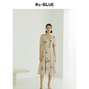 通勤文艺复古氛围感粘胶纤维植物高腰连衣裙 BLUE轻奢优雅女装