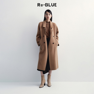 双排扣翻驳领骆驼绒外套 复古通勤长款 BLUE轻奢优雅女装