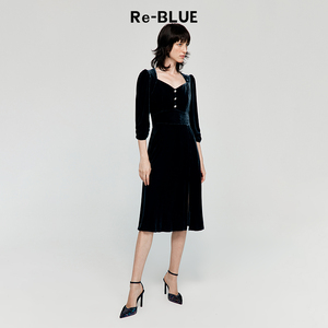 Re-BLUE轻奢优雅女装法式复古丝绒缎面连衣裙