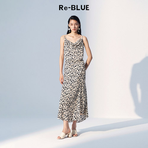 Re-BLUE时尚豹纹荡领吊带连衣裙