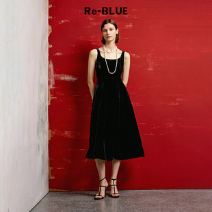 简约百搭复古老钱风丝绒吊带连衣裙 BLUE轻奢优雅女装