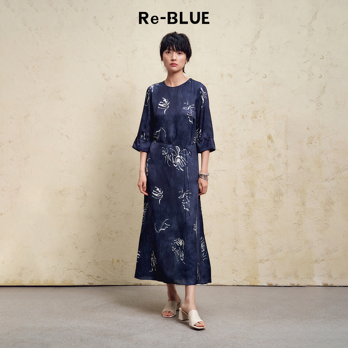 Re-BLUE轻奢优雅女装低调气质仿扎染七分袖印花连衣裙,女装/女士精品,连衣裙,淘宝优惠券,粉丝福利购,淘宝优惠卷