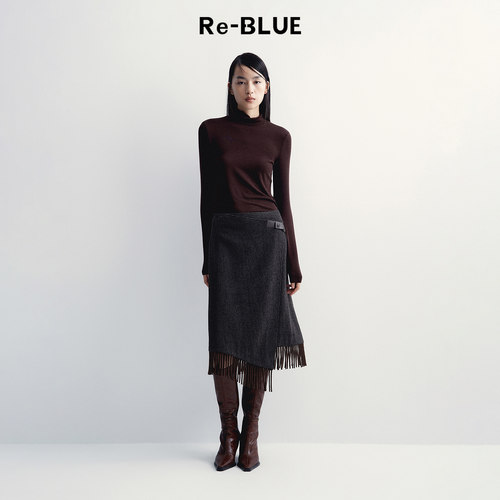 Re-BLUE老钱肌理感流苏A摆半身裙