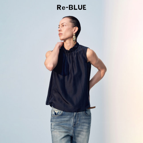 Re-BLUE精致花苞领桑蚕丝上衣