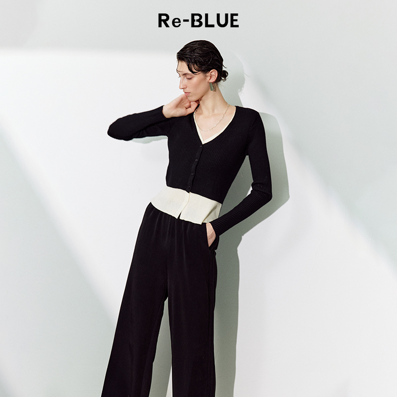 Re-BLUE轻奢优雅女装撞色假两件V领长袖针织开衫