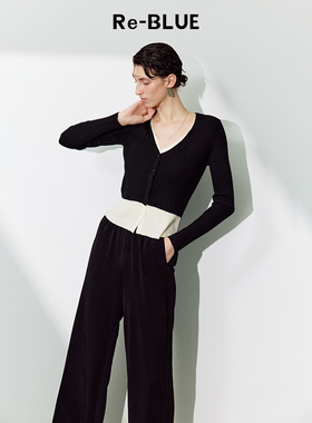 Re-BLUE轻奢优雅女装撞色假两件V领长袖针织开衫