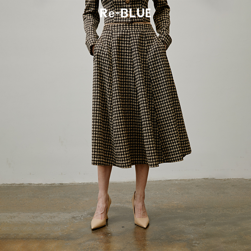 女人味复古感格纹高腰A摆伞裙