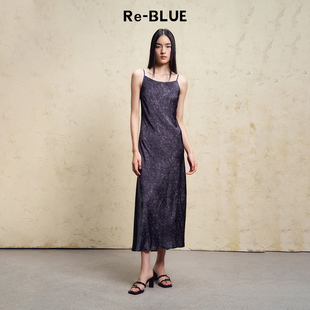 吊带连衣裙 简约松弛气质斜裁开叉印花长款 BLUE轻奢优雅女装