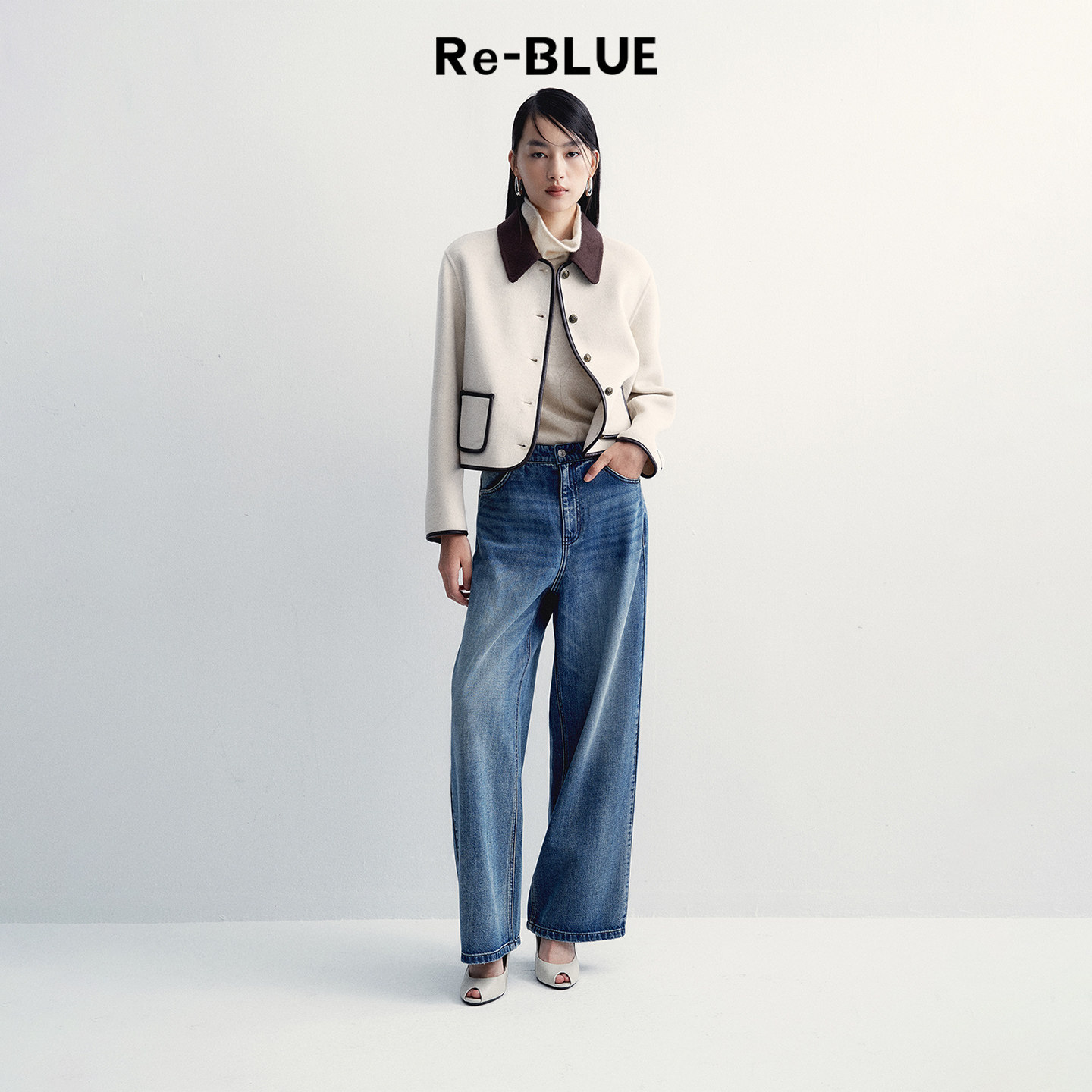 Re-BLUE轻奢优雅女装复古立翻领撞色减龄短款绵羊毛羊绒外套