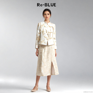 高级感立领盘扣织金提花短外套 新中式 BLUE轻奢优雅女装