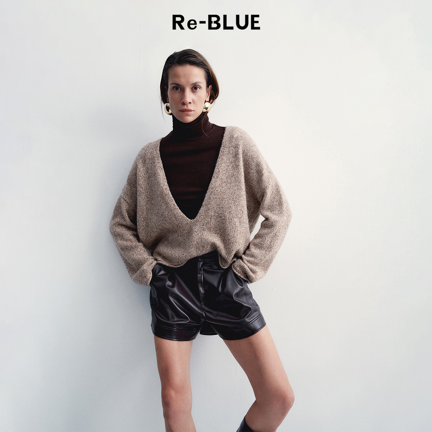 Re-BLUE慵懒加花色V领针织毛衣