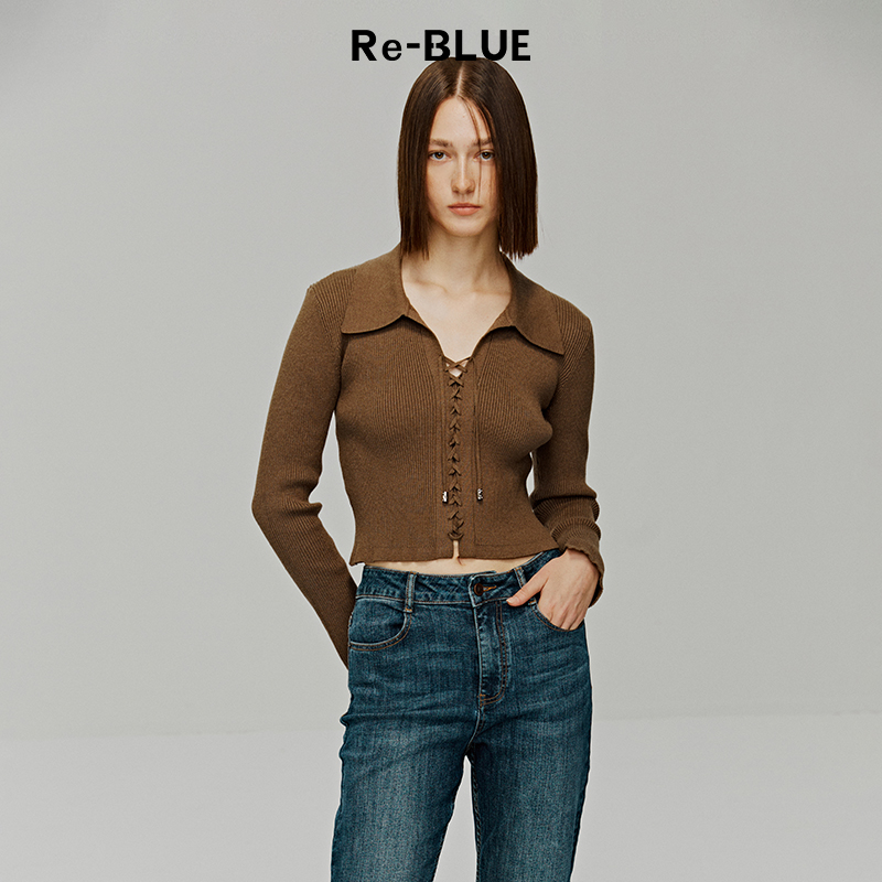 偏收腰短款系带针织上衣