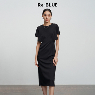 简约镂空设计圆领连衣裙 休闲时尚 BLUE轻奢优雅女装