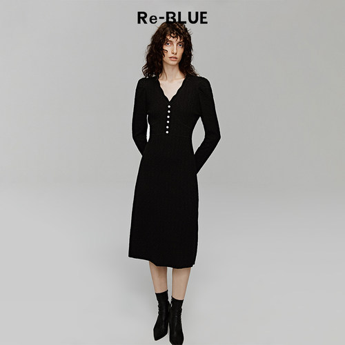 气质V领长袖针织连衣裙