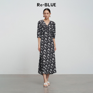 浪漫碎花V领收腰A摆连衣裙 BLUE轻奢优雅女装