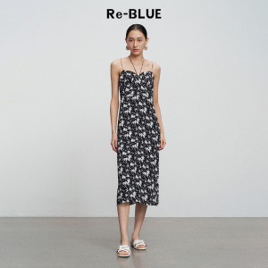 Re-BLUE轻奢优雅女装浪漫碎花收腰A摆吊带连衣裙