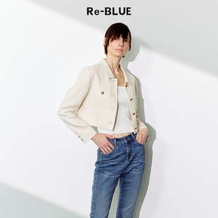 复古精致亮丝翻领短款 法式 香风外套 BLUE轻奢优雅女装