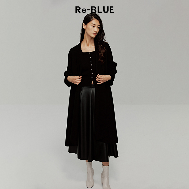 翻领系带双面呢羊毛绒长款大衣