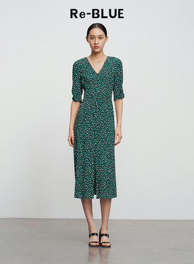 Re-BLUE轻奢优雅女装墨绿色豹纹印花V领A摆中袖连衣裙