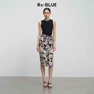 连衣裙 浪漫印花知性针梭拼无袖 BLUE轻奢优雅女装