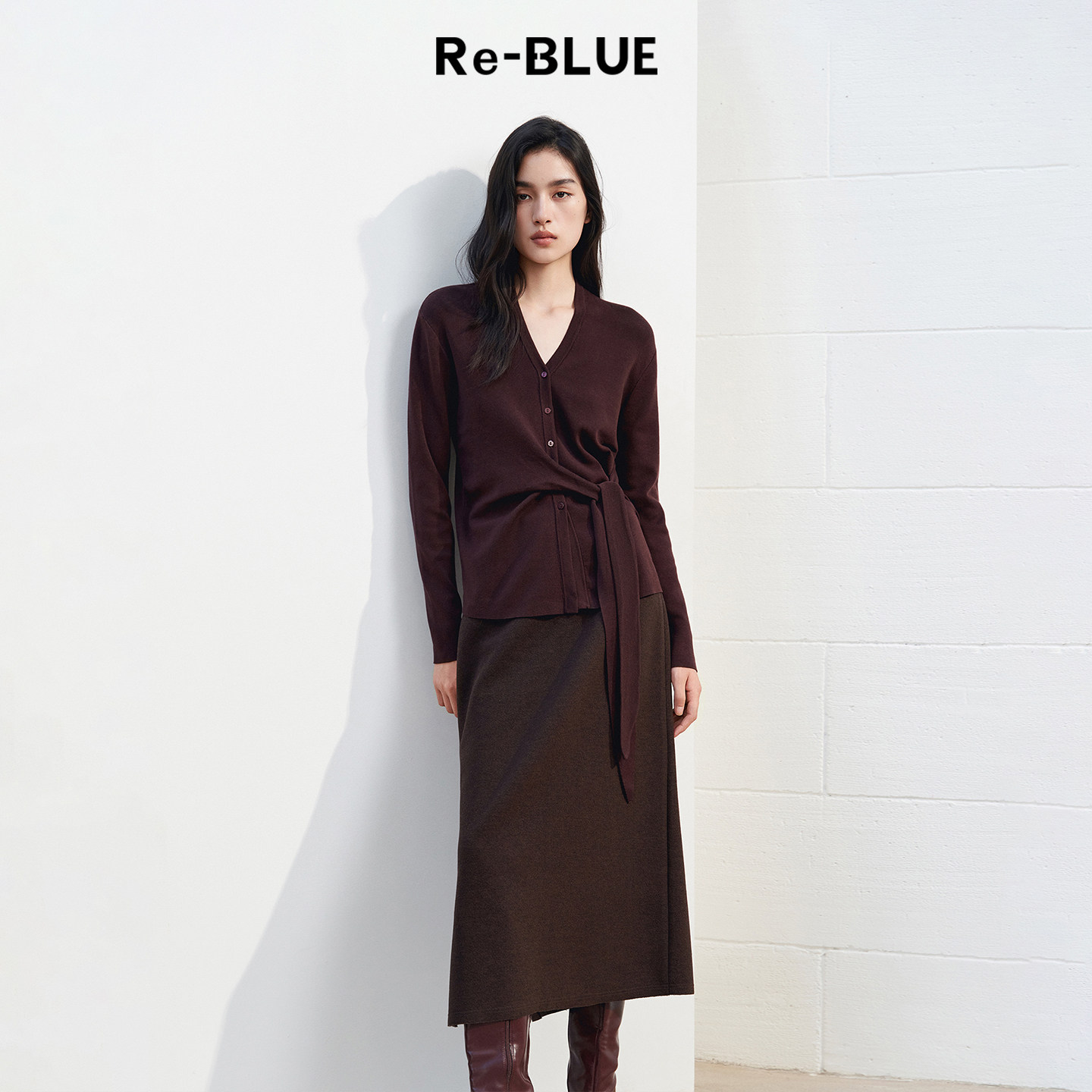 Re-BLUE轻奢优雅女装V领修身收腰长款交叉绑带飘带羊毛针织开衫