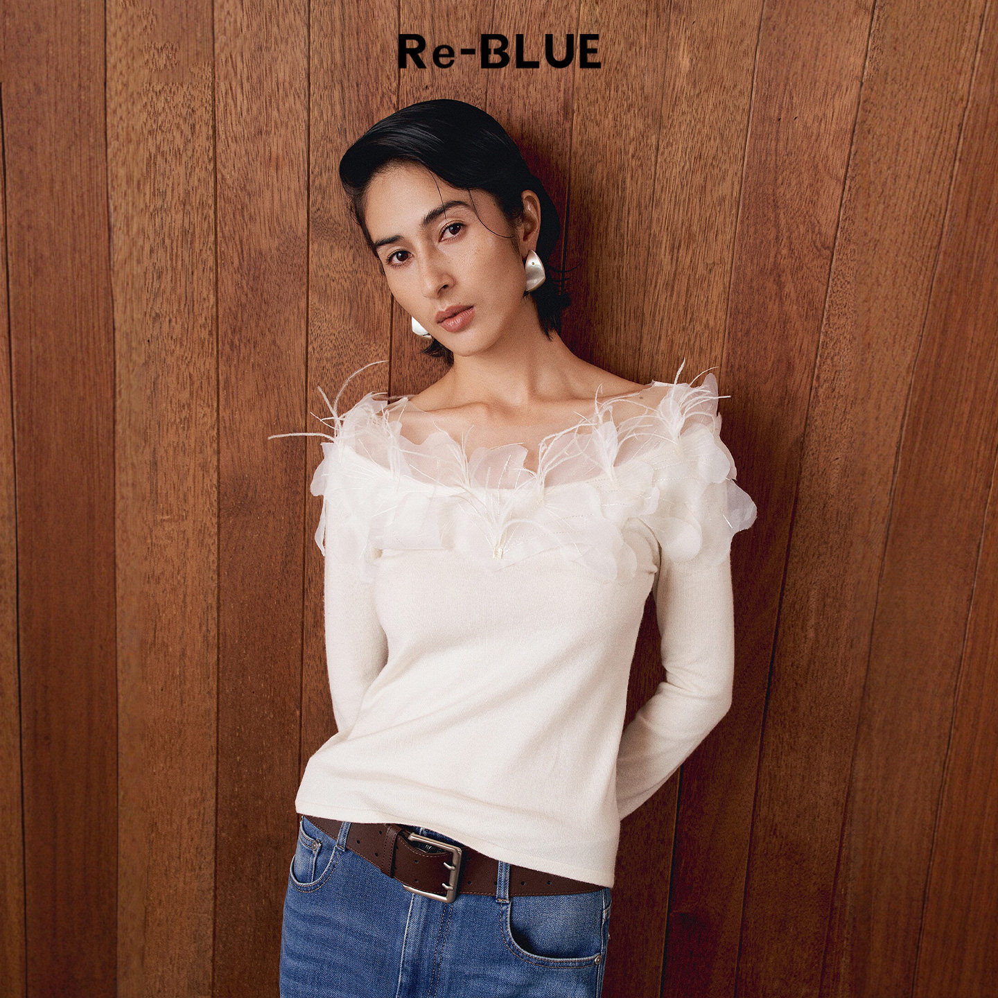Re-BLUE轻奢优雅女装精致浪漫修身羽毛花边含羊毛针织上衣