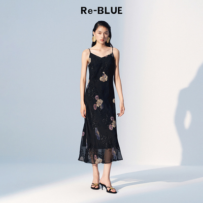 Re-BLUE桑蚕丝印花吊带连衣裙