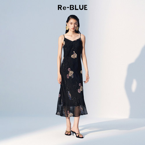 Re-BLUE桑蚕丝印花吊带连衣裙