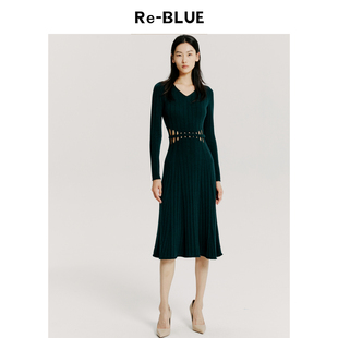 休闲时尚 轻奢优雅女装 小众舒适腰间镂空针织v领连衣裙 BLUE