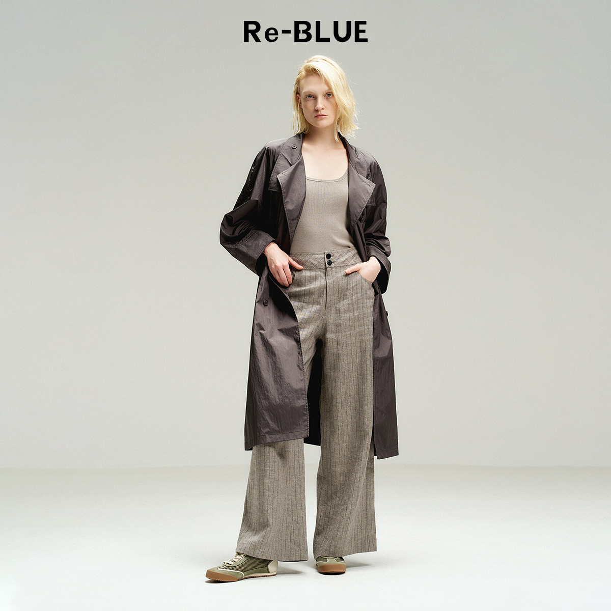 大气复古通勤老钱风麻感条纹长裤