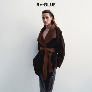 Re-BLUE轻奢优雅女装知性复古小高领一手长绵羊毛双面呢外套大衣