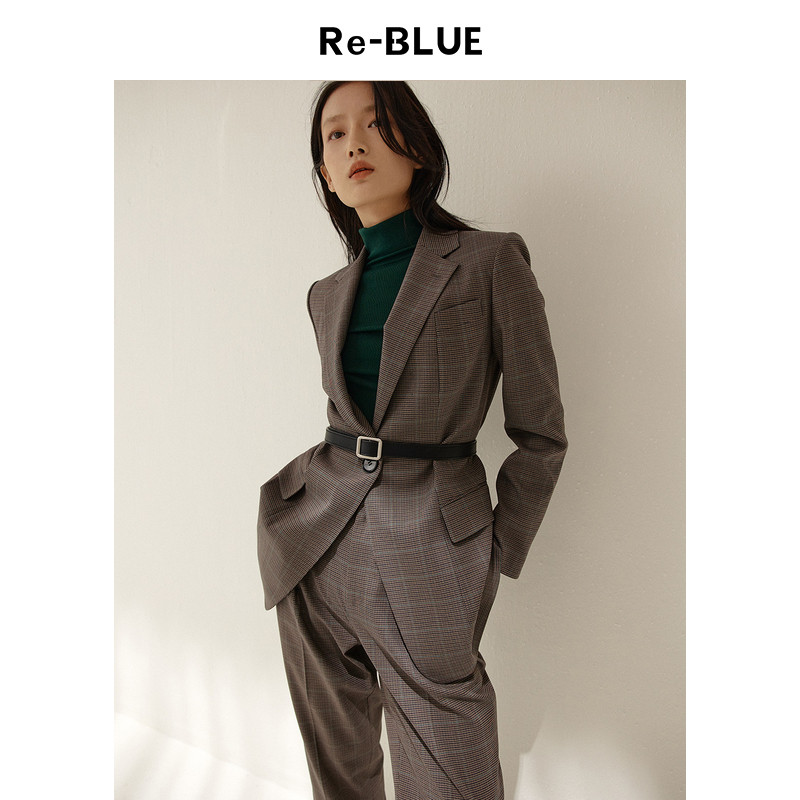 re-blue轻奢优雅女装日常休闲风英式复古苏格兰格纹垫肩西装外套