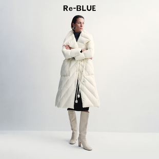 鸭绒羽绒服外套 精致温柔收腰气质大翻领长款 BLUE轻奢优雅女装