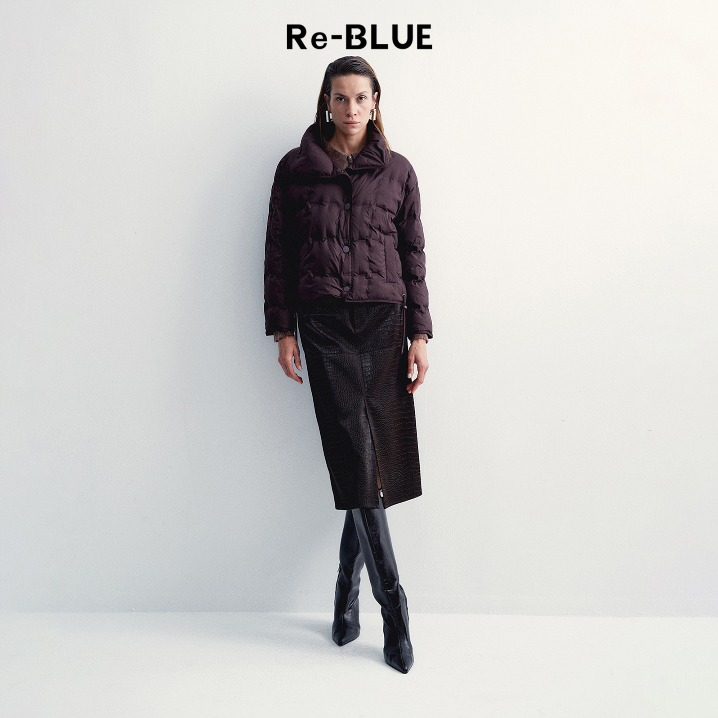 Re-BLUE优雅抗风鹅绒短款羽绒服