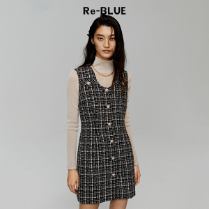 Re-BLUE轻奢优雅女装经典黑白香风收腰连衣裙