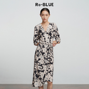 Re-BLUE轻奢优雅女装浪漫印花茶歇围裹连衣裙