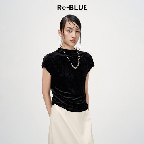 ReBLUE法式丝绒半高领小飞袖上衣
