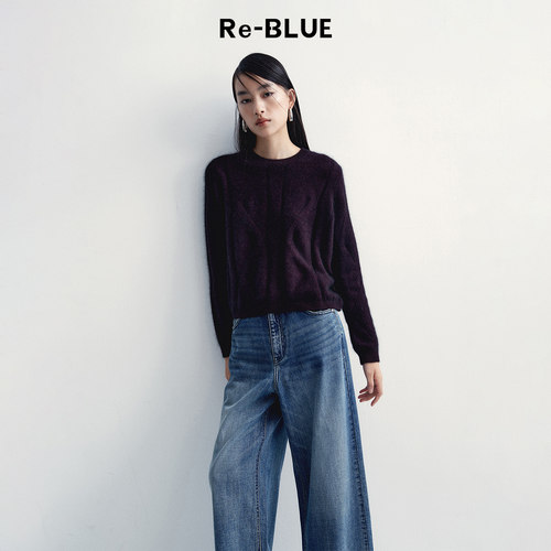 Re-BLUE复古风圆领羊毛针织上衣