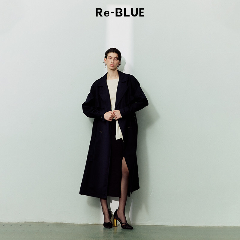 re-blue轻奢优雅女装经典英伦翻领收腰风衣外套