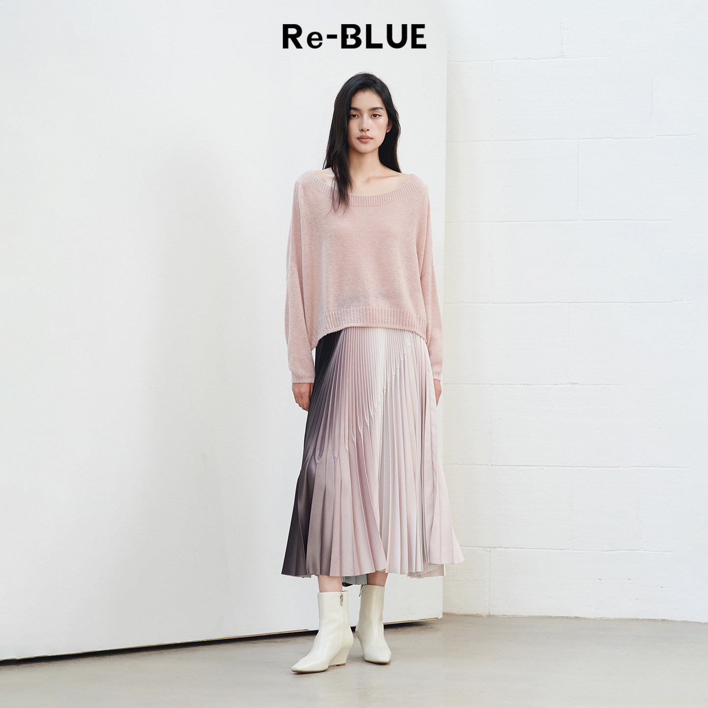 Re-BLUE轻奢优雅女装慵懒舒适船领长袖细腻羊毛羊绒混纺针织上衣