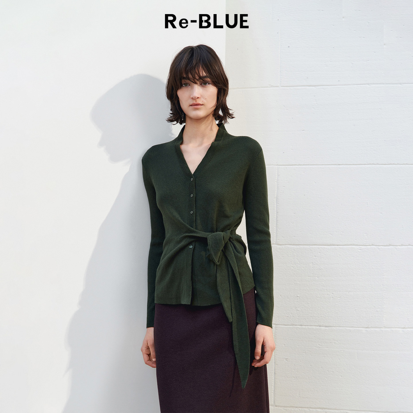 Re-BLUE轻奢优雅女装V领修身收腰长款交叉绑带飘带羊毛针织开衫