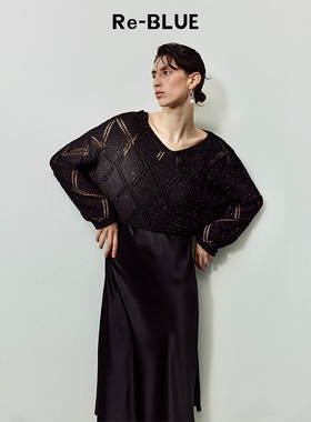 Re-BLUE轻奢优雅女装精致慵懒V领亮片套头针织衫