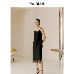 复古风浪漫下摆蕾丝拼接性感高腰吊带裙 法式 BLUE轻奢优雅女装