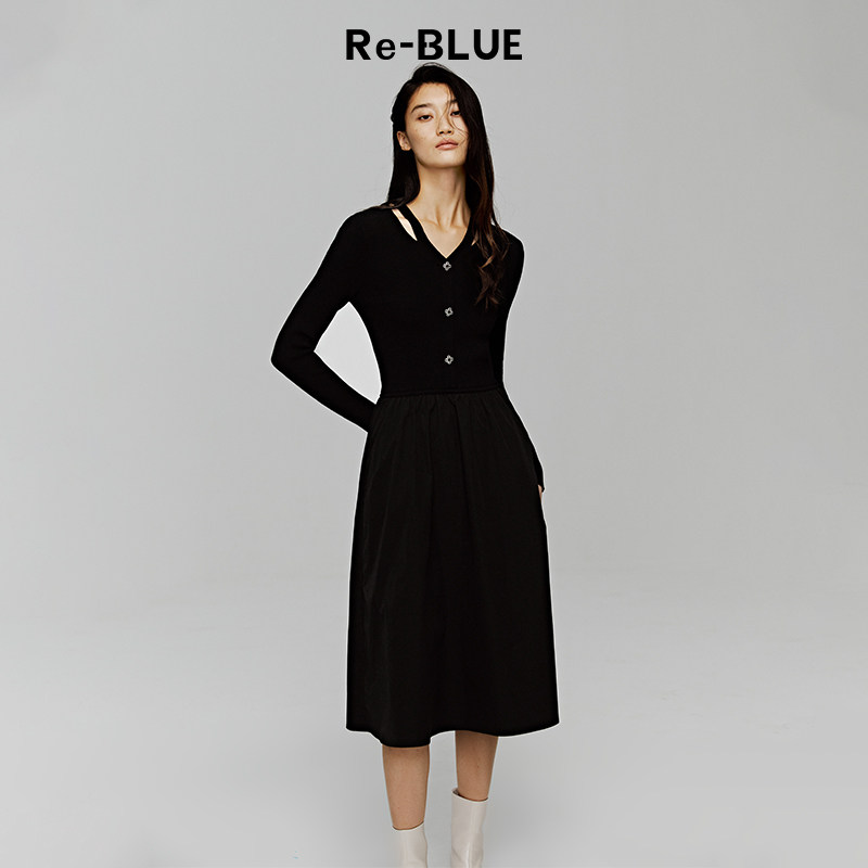 Re-BLUE轻奢优雅女装合体收腰S型遮肉显瘦连衣裙