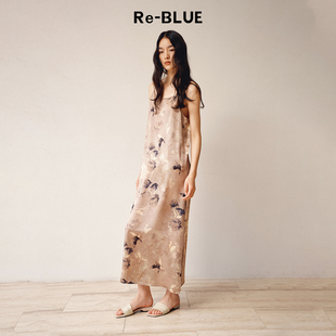 水墨印花直身吊带长款 浪漫新中式 连衣裙 BLUE轻奢优雅女装