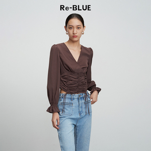 浪漫V领抽绳上衣 法式 BLUE轻奢优雅女装