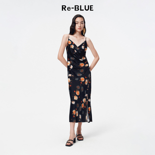 简约静奢风通勤大花显瘦收腰吊带连衣裙 BLUE轻奢优雅女装
