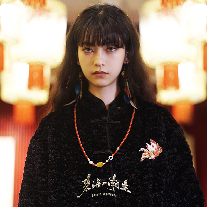 碧海潮生【黑麒麟】秋冬新款中国风国潮刺绣保暖黑色毛绒唐装外套